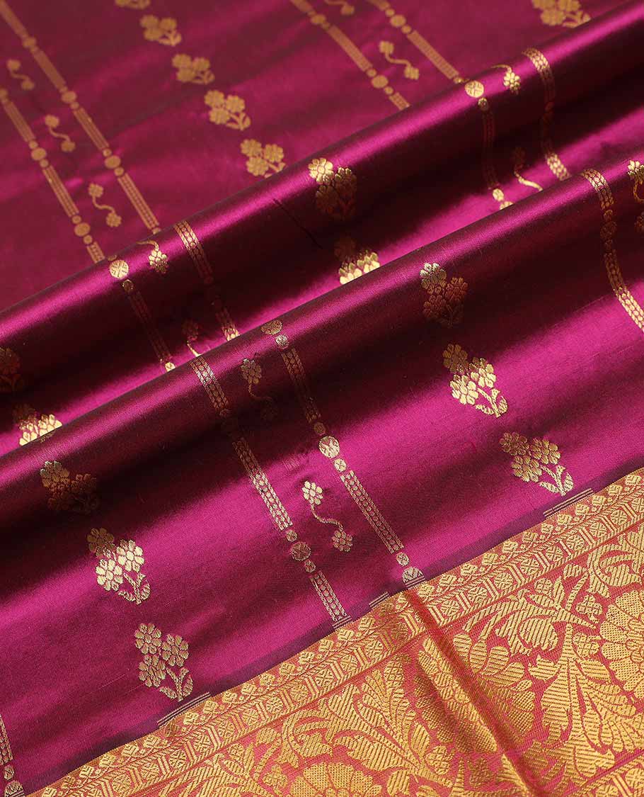 Dark pink floral design silk half saree with contrast border of thilakam mokku, banaras, paun design, zari design blouse & zari design border dhavani