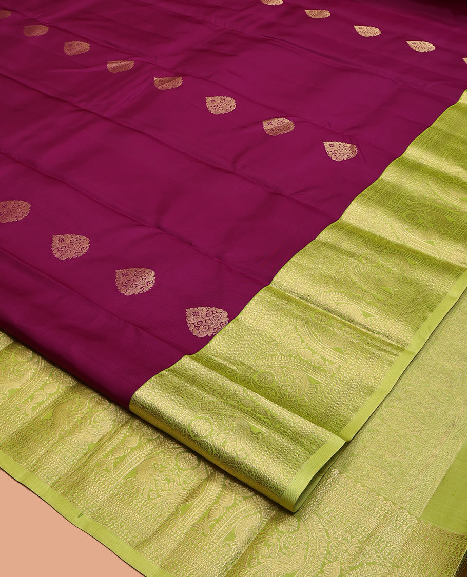 Wine Vasundhara Silk Saree, Graced with Zari Buttas, Complemented by Contrast Traditional Border of Mayil Designs, Grand Pallu, and a Contrast Blouse