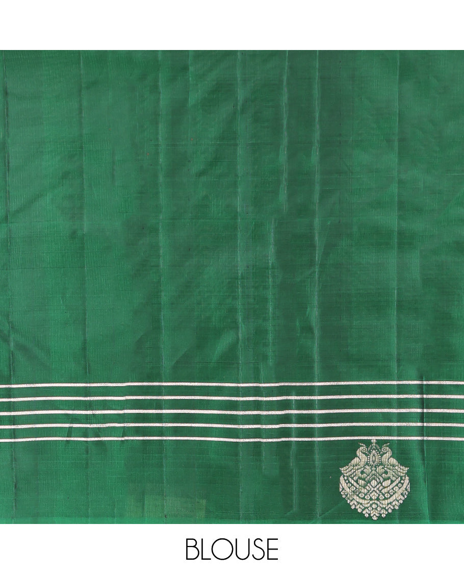 Red Kanchipuram Silk Saree, Subtly Sparkled with Stripes, a Contrast Checked Border of Peacock Buttas, Grand Jaal Pallu, and a Contrast Blouse