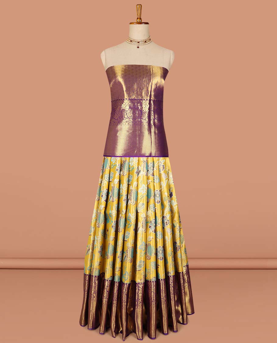 Yellow floral buttas pure silk half saree with contrast zari border, contrast zari design blouse & plain with zari border dhavani