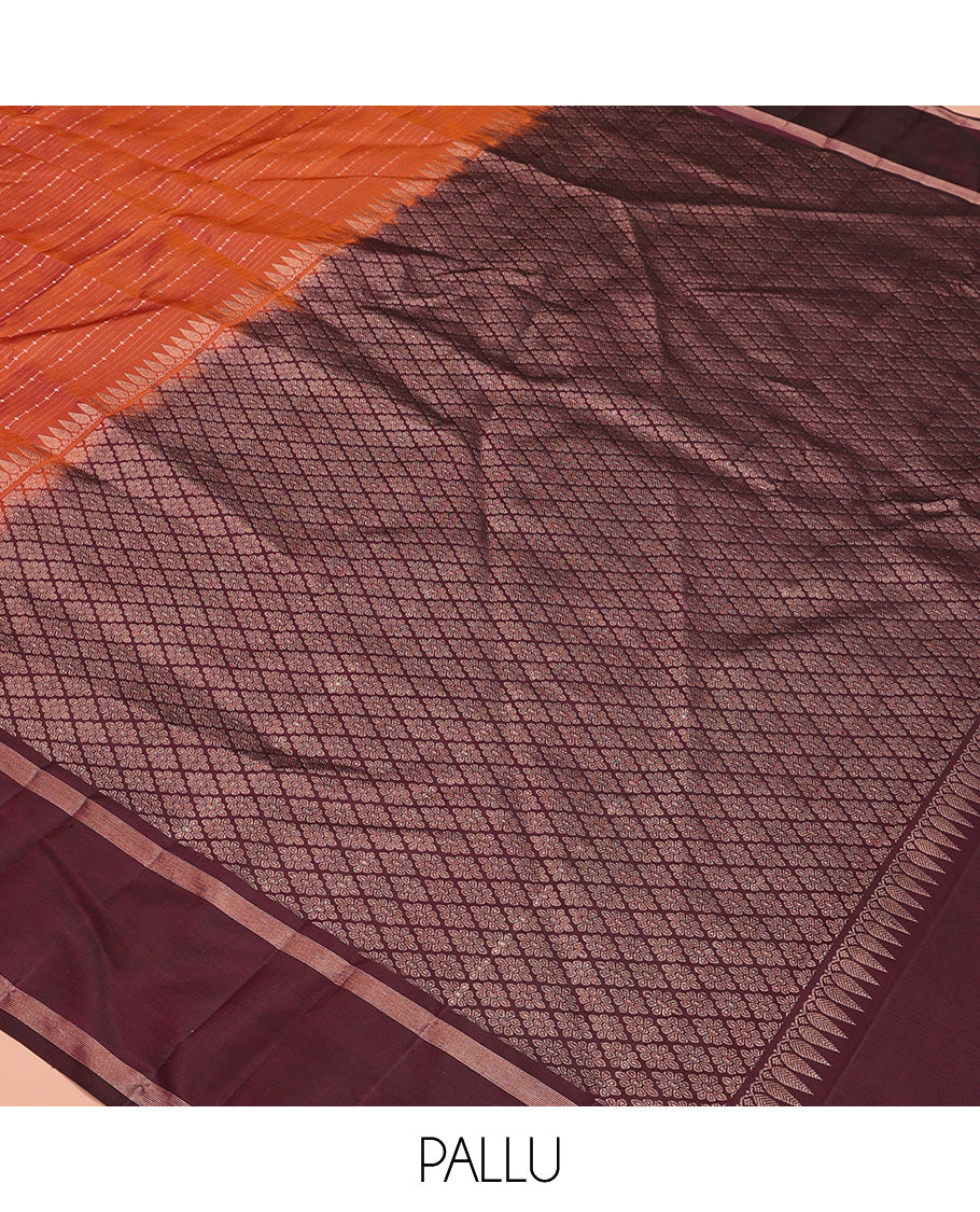 Orange zari design Kanchipuram silk saree, contrast rettai pettu zari striped border, and jaal patterned pallu