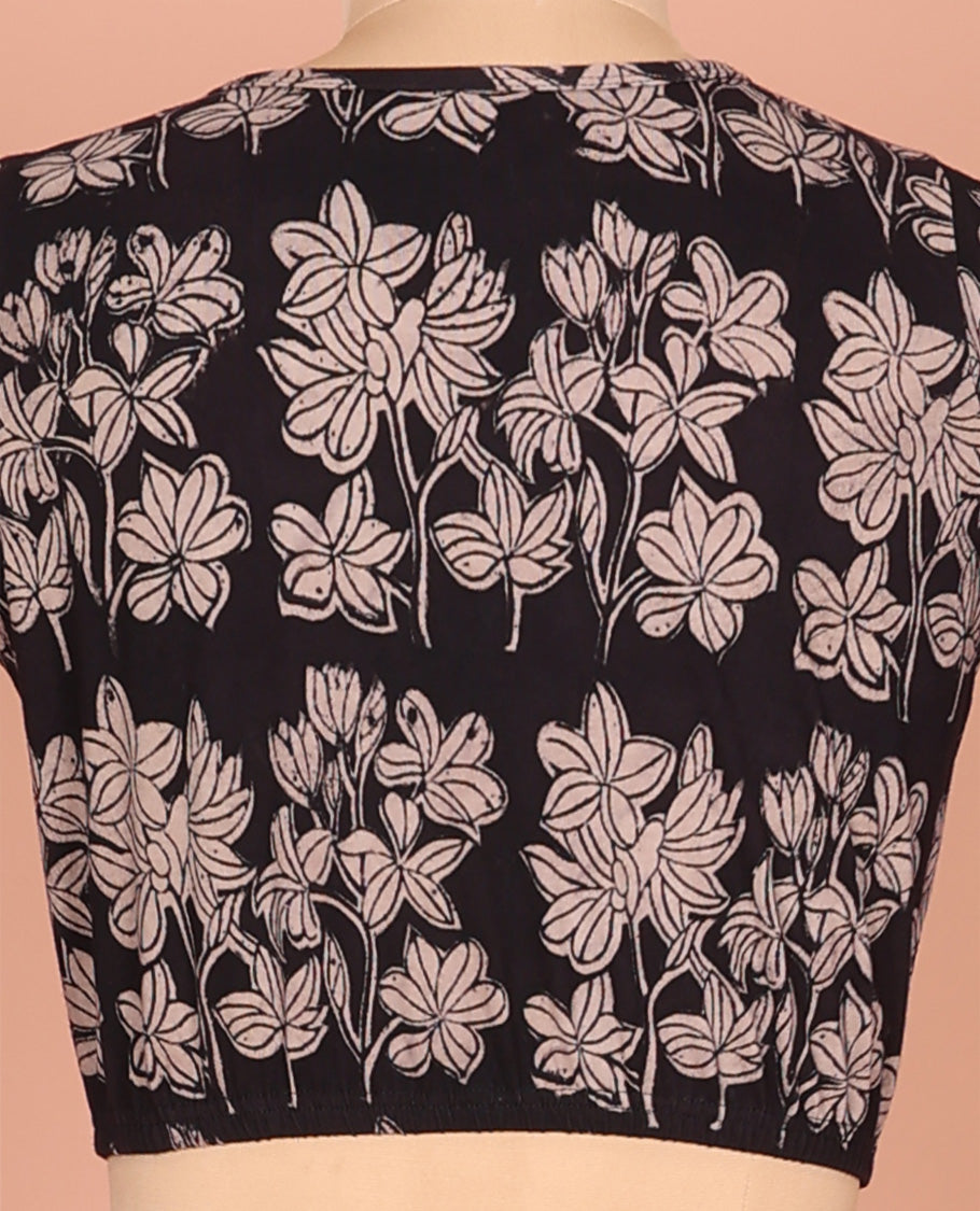 Black Cotton Readymade Blouse Detailed with All-Over Floral Print, Featuring a Front Round-Neck, a Closed Back Neck, and Elbow Sleeves