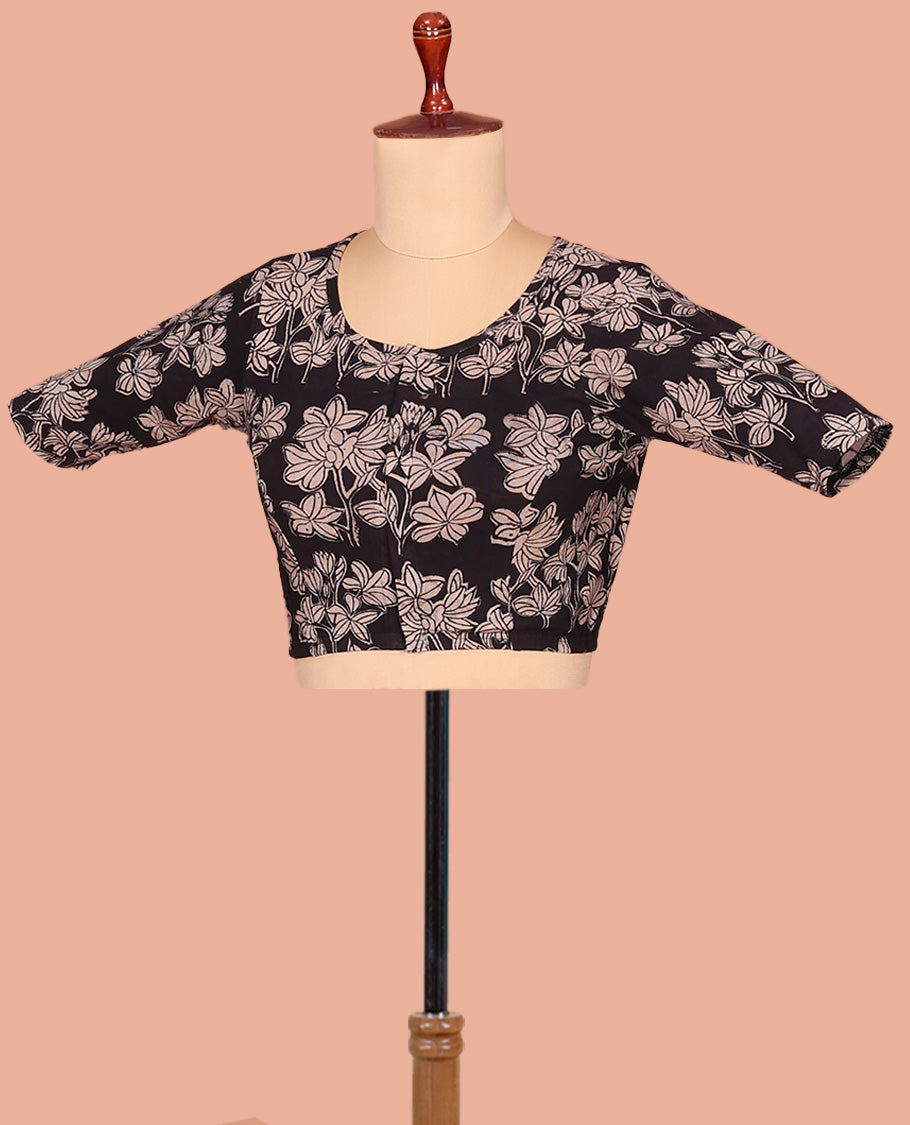 Black Cotton Readymade Blouse Detailed with All-Over Floral Print, Featuring a Front Round-Neck, a Closed Back Neck, and Elbow Sleeves