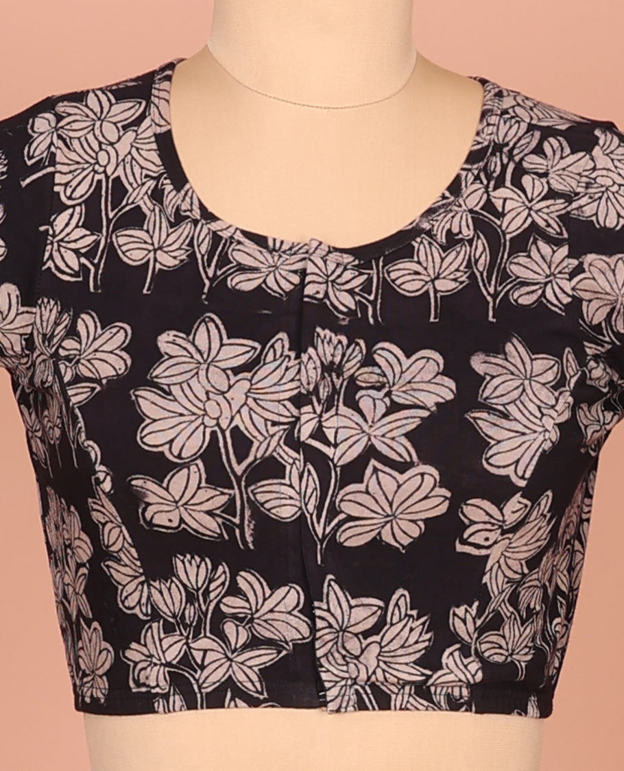 Black Cotton Readymade Blouse Detailed with All-Over Floral Print, Featuring a Front Round-Neck, a Closed Back Neck, and Elbow Sleeves