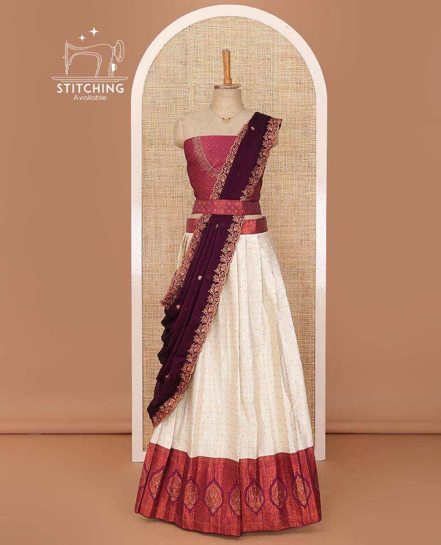 Cream lehenga set, buttas & contrast traditional zari stone work border skirt, jacquard neck embroidered blouse & embroidered scallop border dhavani with belt
