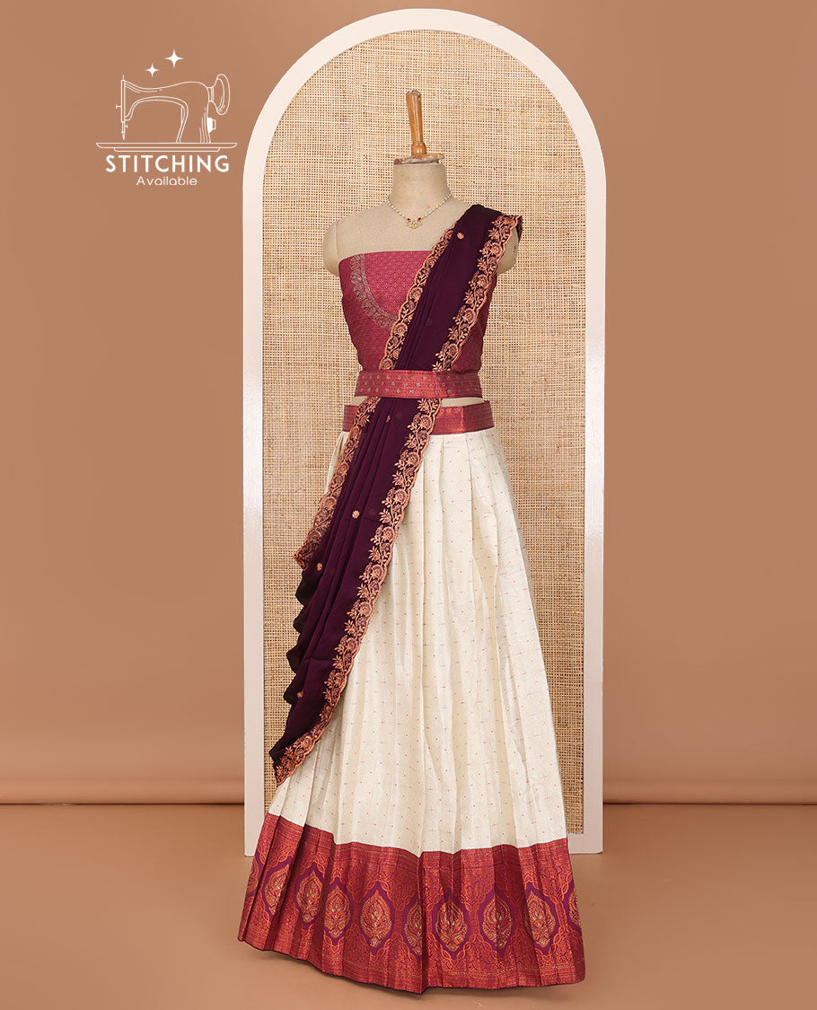 Cream lehenga set, buttas & contrast traditional zari stone work border skirt, jacquard neck embroidered blouse & embroidered scallop border dhavani with belt