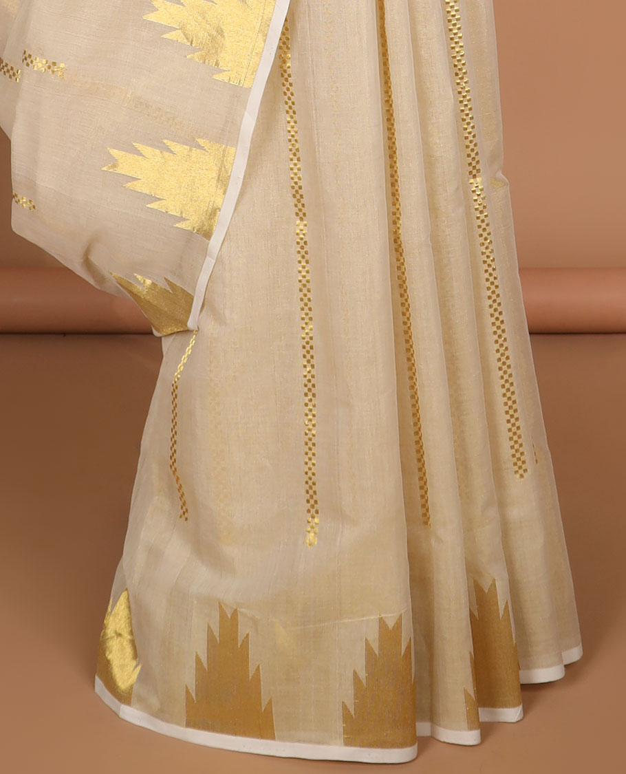 Cream striped kasavu saree with self temple border & gold zari striped pallu