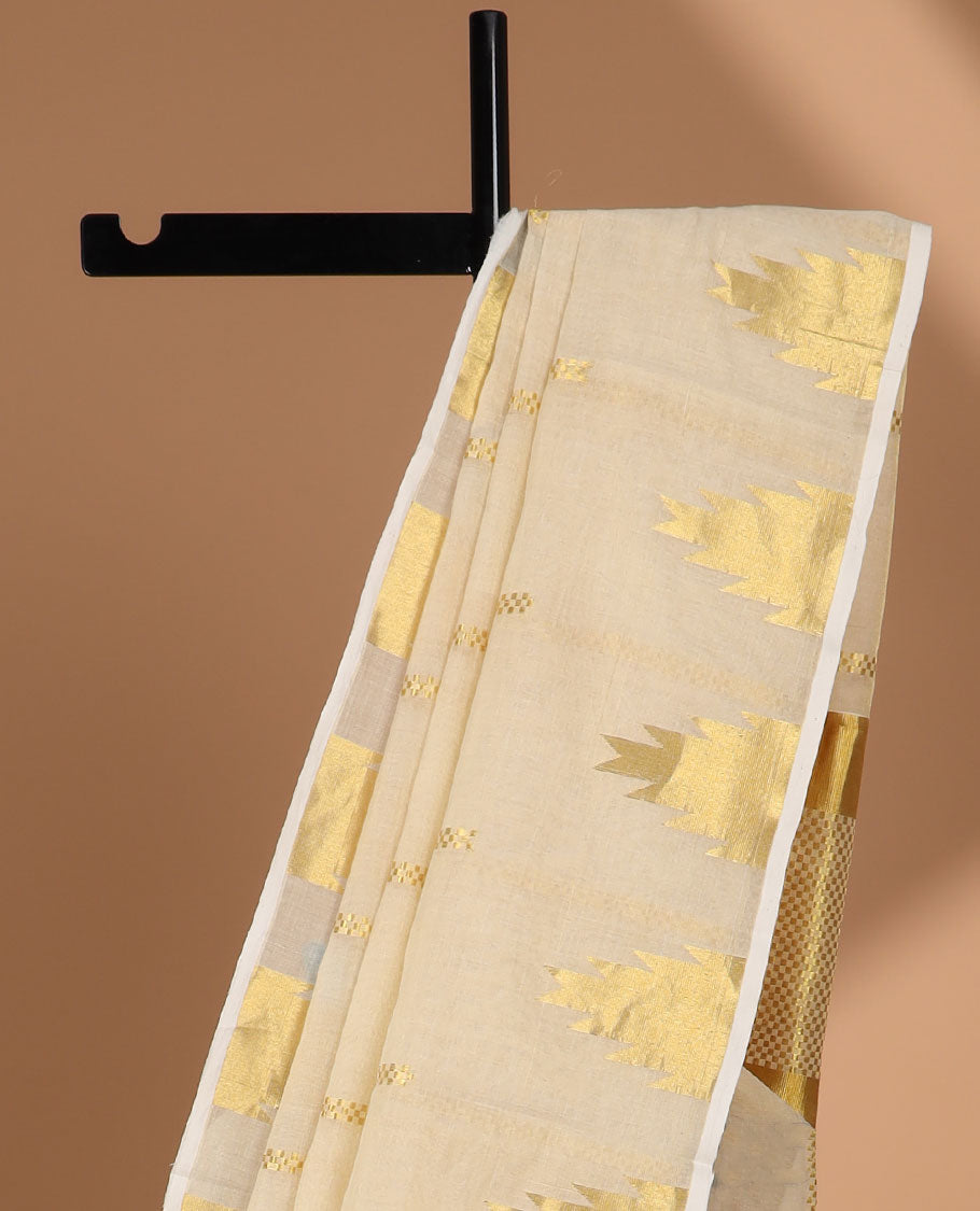 Cream striped kasavu saree with self temple border & gold zari striped pallu