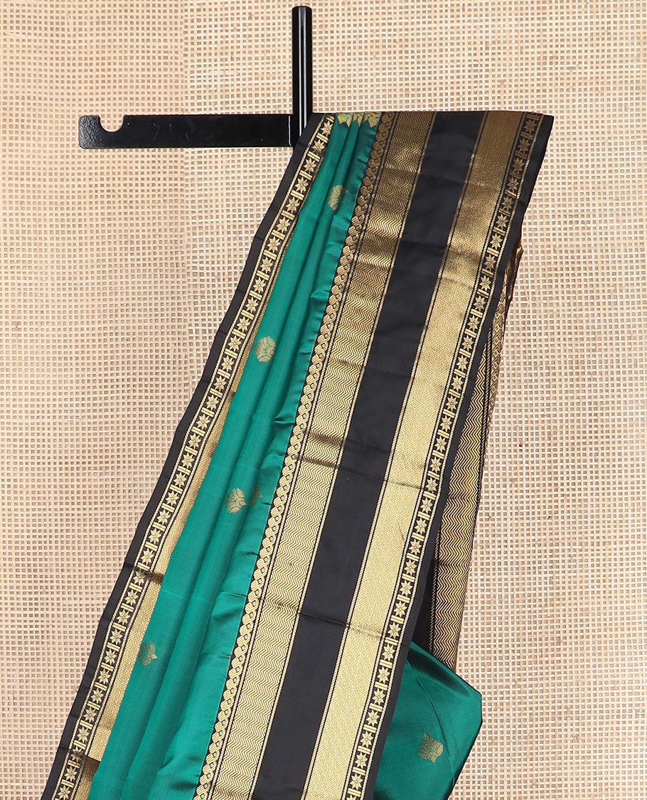 Green zari buttas vasundhara silk mix saree, contrast thilakam motif pallu & rettai pettu border of salngai,vanki,mayil kann & star kamalam