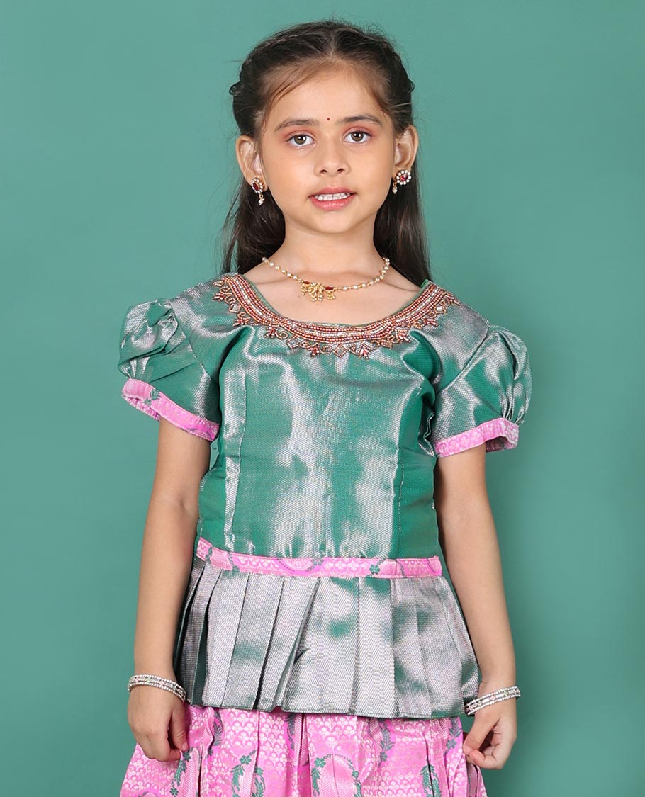 Pink art silk readymade pavadai set, jacquard with contrast traditional zari border skirt, and contrast round neck embroidered puff-sleeve blouse