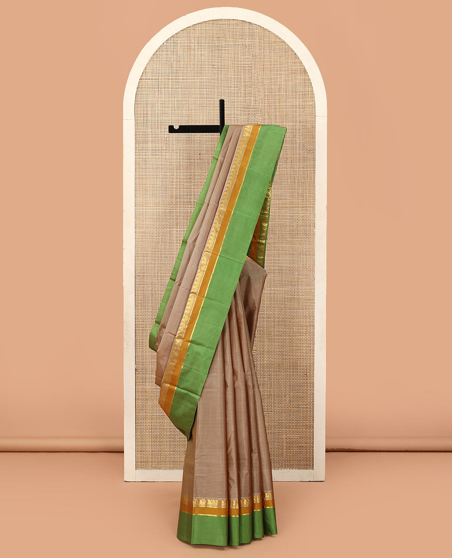 Grey striped Kanchipuram silk saree, contrast rettai pettu border of vanki manga, and kathir designs, and zari striped pallu