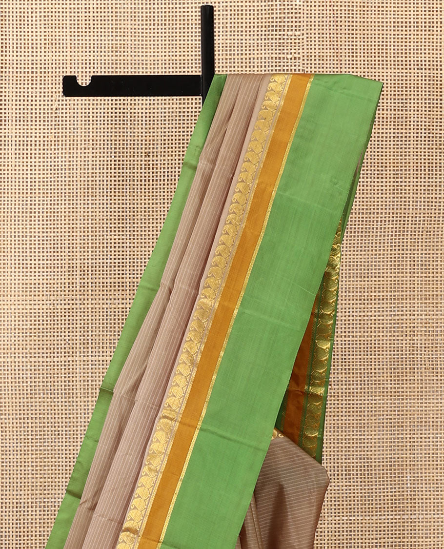 Grey striped Kanchipuram silk saree, contrast rettai pettu border of vanki manga, and kathir designs, and zari striped pallu