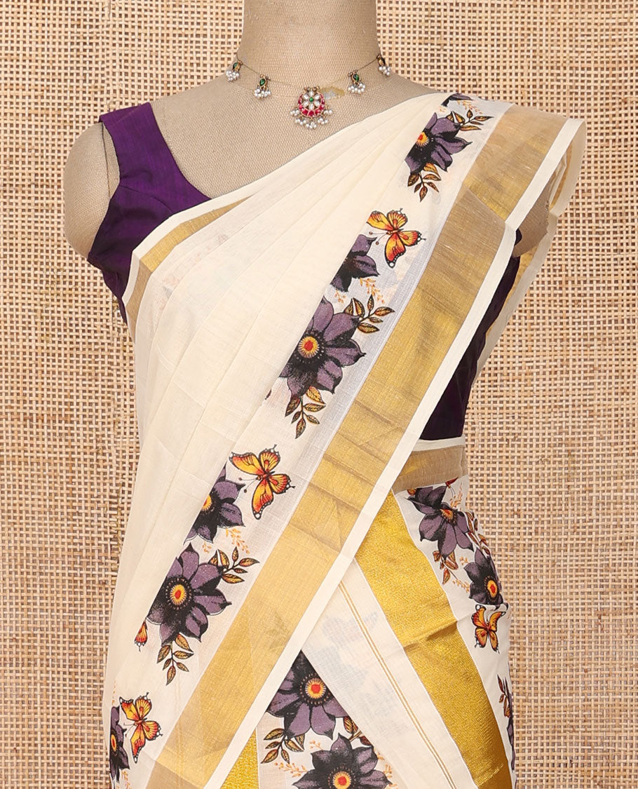 Cream floral & butterflies printed Kerala mundu set with zari border