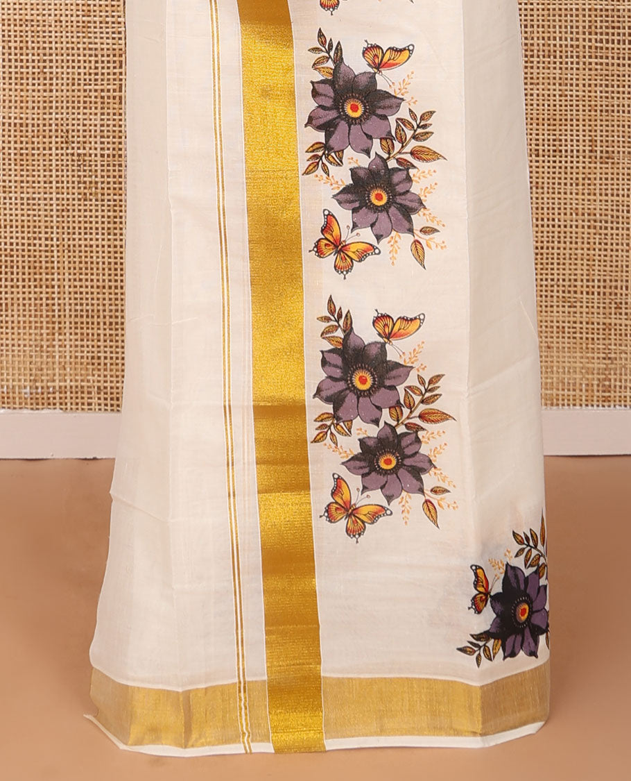 Cream floral & butterflies printed Kerala mundu set with zari border