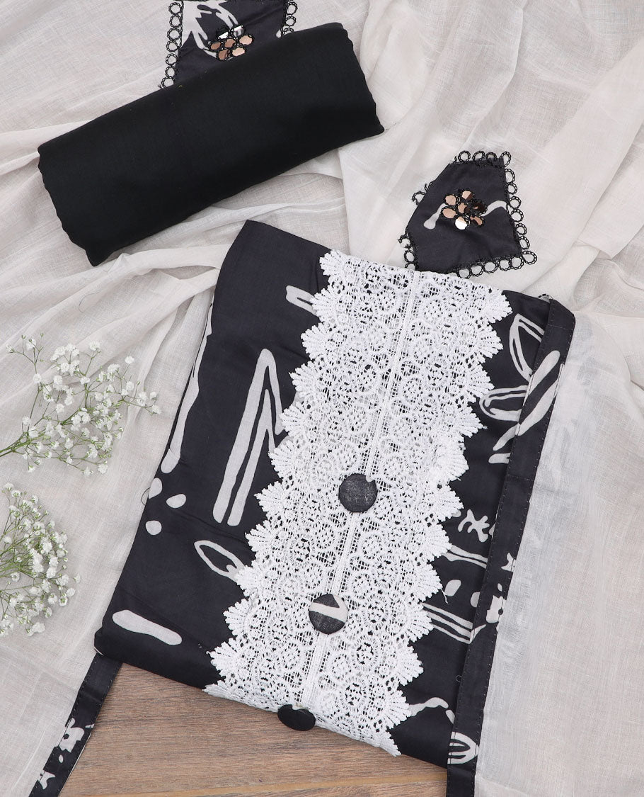 Black material chudidar set, geometric and floral printed with thread embroidered top, plain bottom, and patch embroidered dupatta