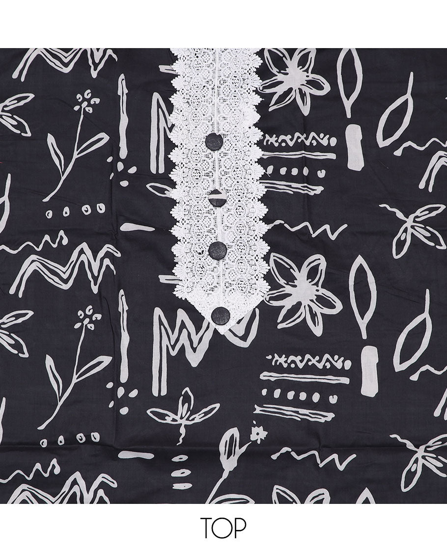 Black material chudidar set, geometric and floral printed with thread embroidered top, plain bottom, and patch embroidered dupatta