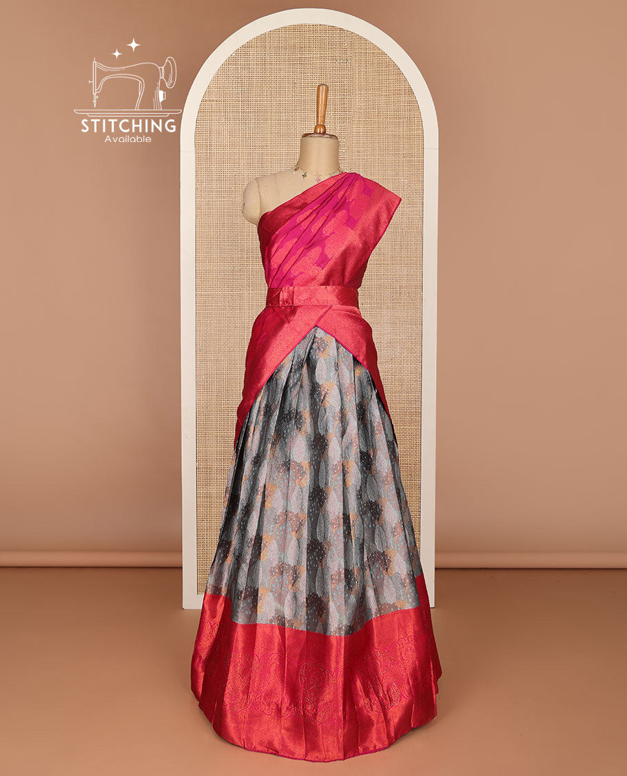 Grey floral jaal design half saree with contrast zari design border , zari design blouse & floral zari design dhavani