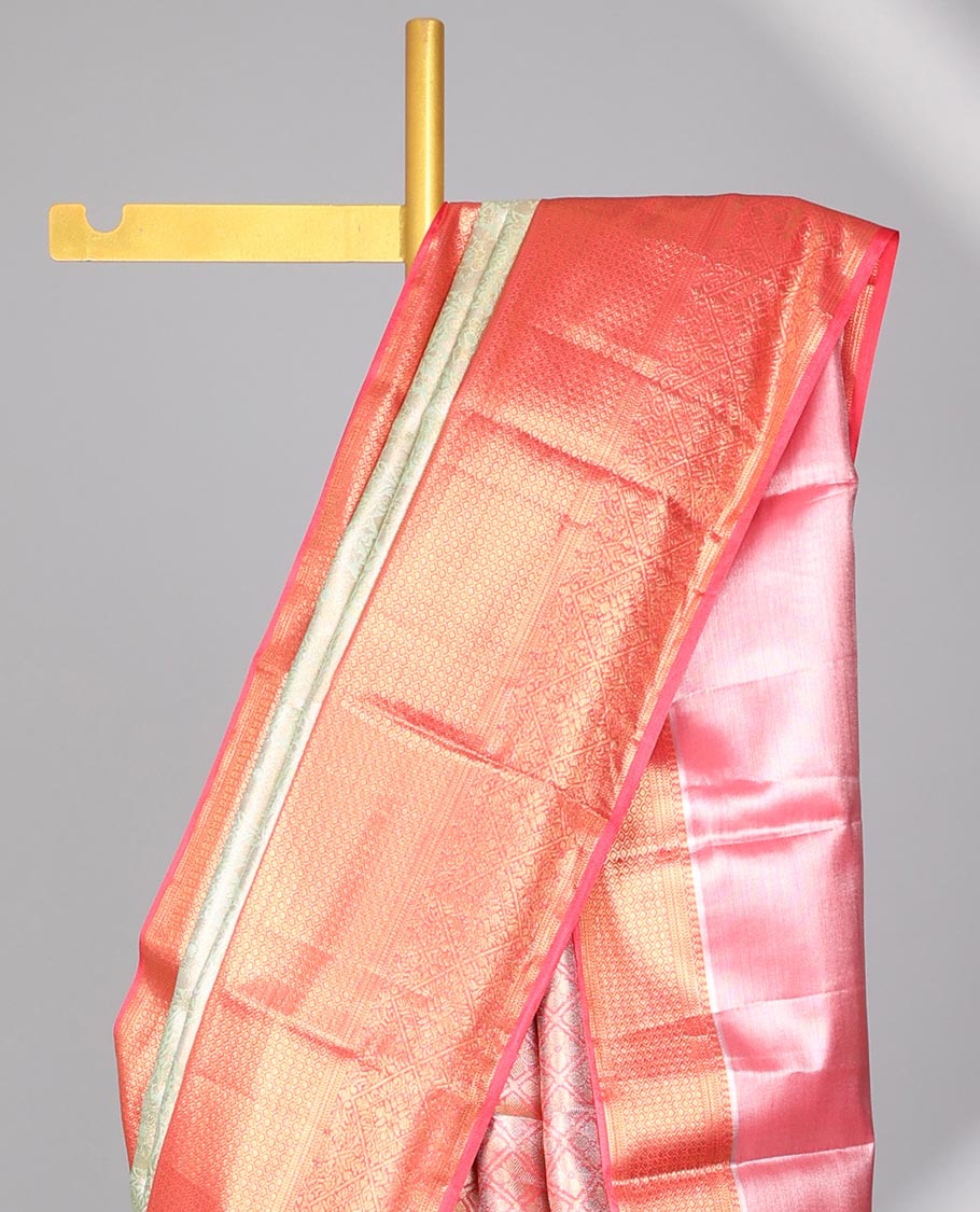 Green floral jacquard budget silk saree with contrast intricate zari design & floral checked zari design pallu