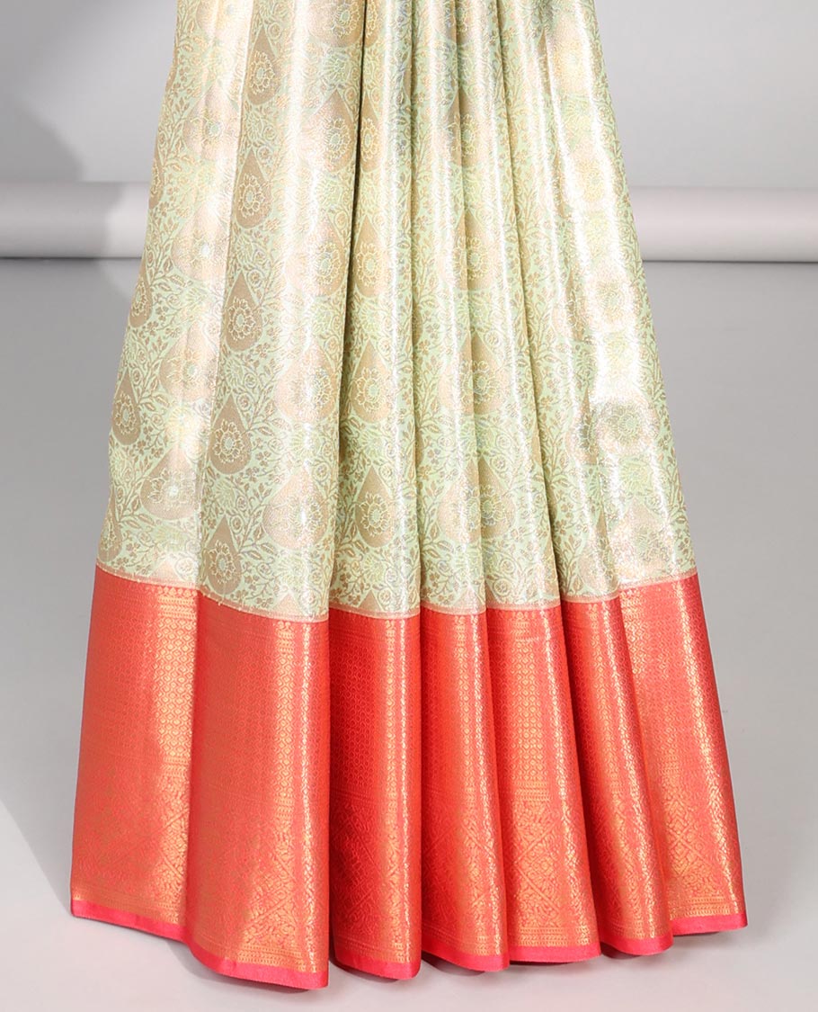 Green floral jacquard budget silk saree with contrast intricate zari design & floral checked zari design pallu