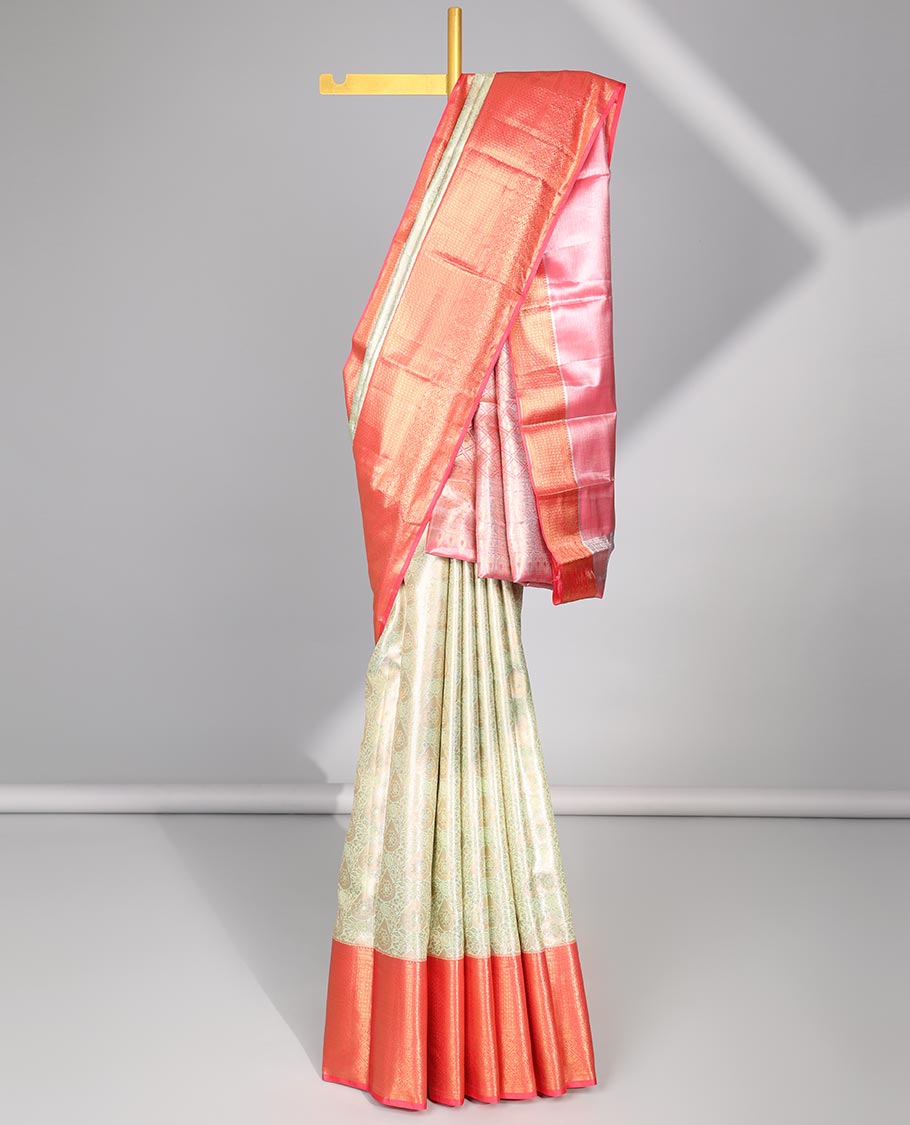 Green floral jacquard budget silk saree with contrast intricate zari design & floral checked zari design pallu