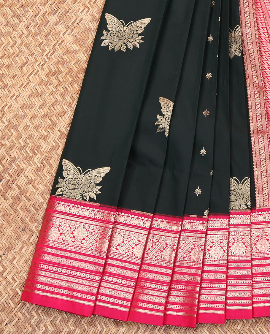 Black Budget Silk Saree, Beautified with Butterfly Buttas All Over Its Body, Complemented by a Contrast Traditional Zari Design Border, Contrast Pallu of Chevron Stripes, and Paired with a Contrast Blouse