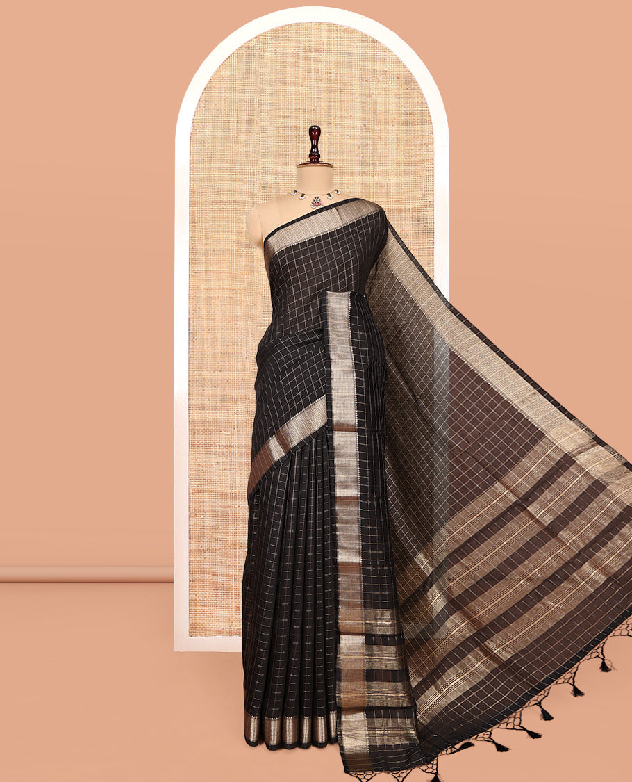 Black Zari Checked Assam Silk Saree, Highlighted by a Traditional Zari Border, Gleaming Zari-Striped Pallu, and a Matching Blouse