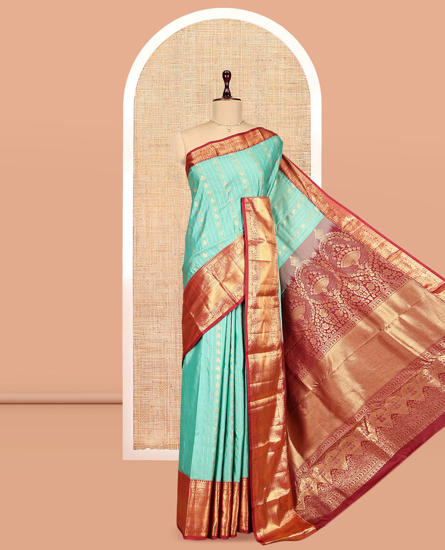 Blue Budget Silk Saree, Highlighted by Zari Designs, Complemented by a Contrast Traditional Border, Grand Pallu, and a Contrast Blouse