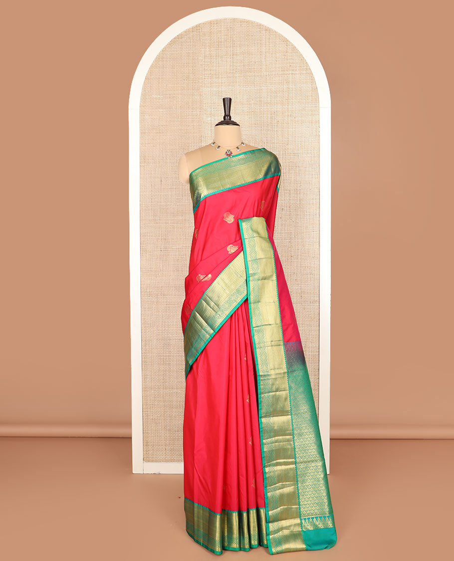 Red zari buttas budget silk saree, contrast traditional zari design woven border, and ogee patterned pallu