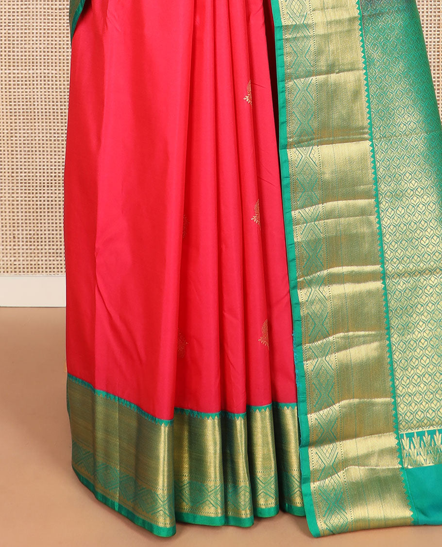 Red zari buttas budget silk saree, contrast traditional zari design woven border, and ogee patterned pallu