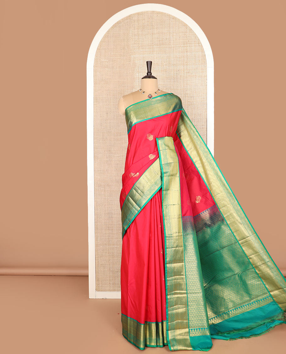 Red zari buttas budget silk saree, contrast traditional zari design woven border, and ogee patterned pallu