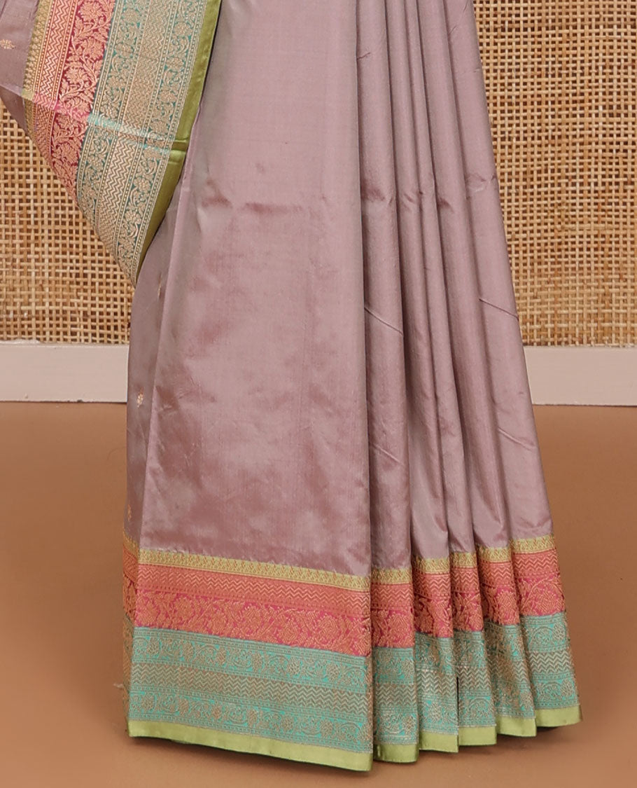 Grey zari buttas katan silk saree, contrast traditional zari border of floral creeper motifs, and Mughal style intricate patterns featured pallu