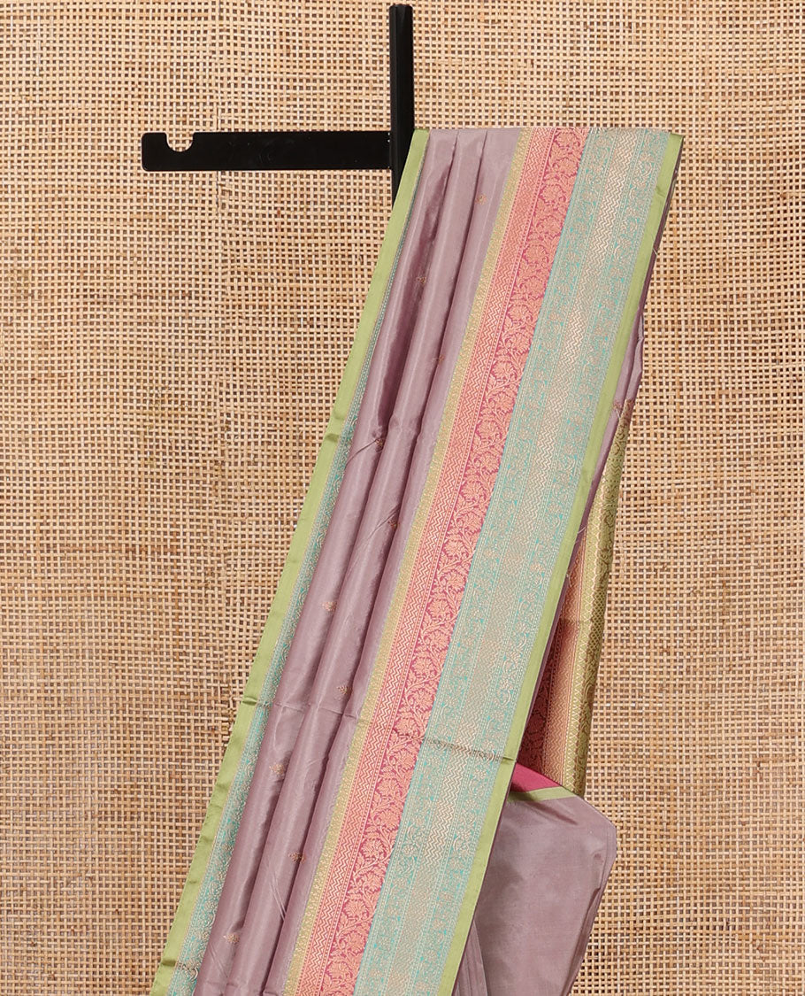Grey zari buttas katan silk saree, contrast traditional zari border of floral creeper motifs, and Mughal style intricate patterns featured pallu