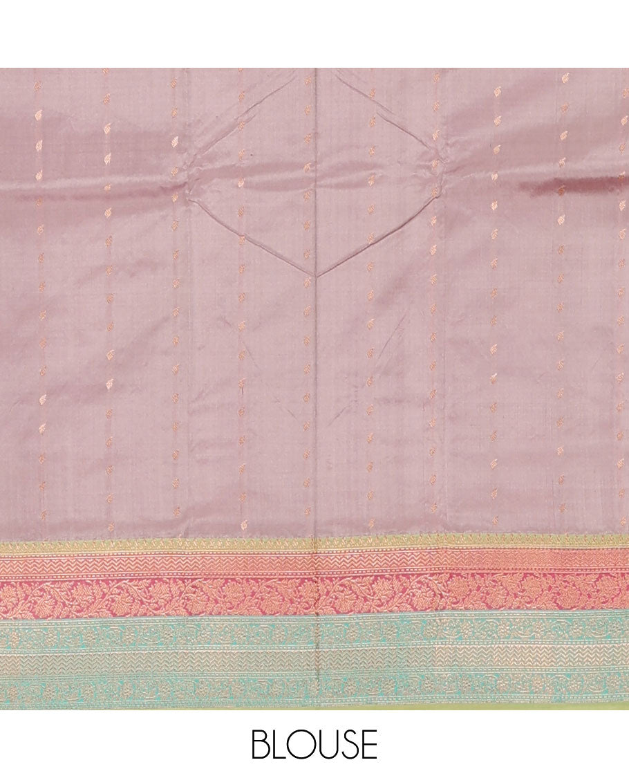 Grey zari buttas katan silk saree, contrast traditional zari border of floral creeper motifs, and Mughal style intricate patterns featured pallu