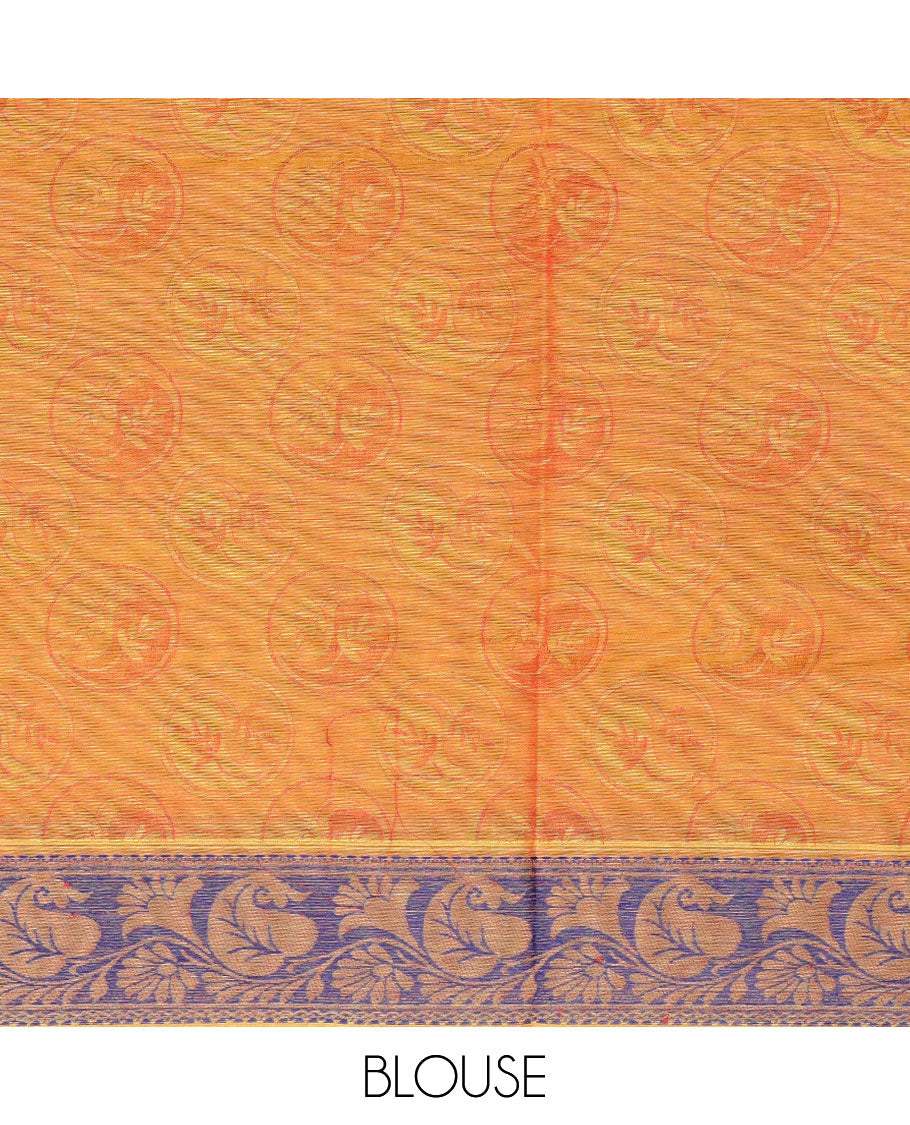 Parrot green circular-shaped motifs Coimbatore cotton saree, leaf vine border, & contrast paisley motifs pallu