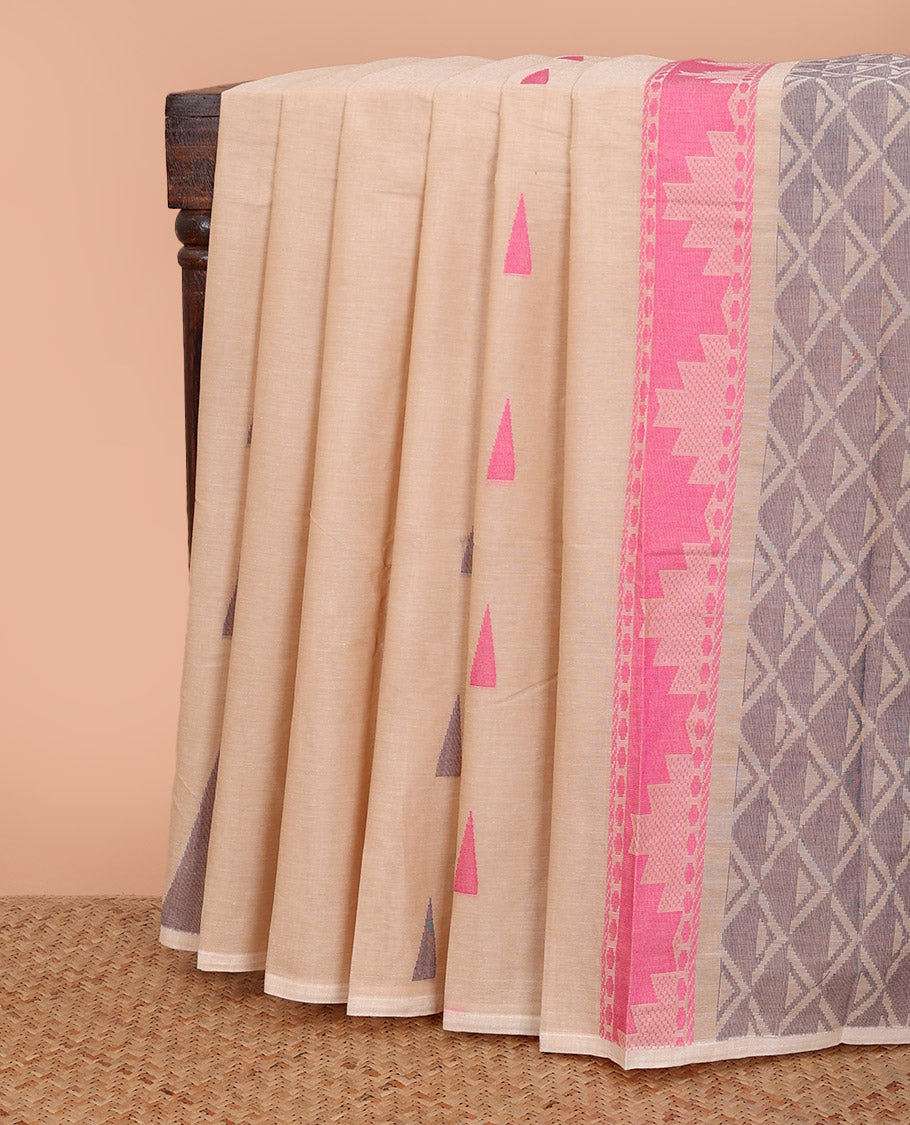 Borderless sandal temple buttas Kanchi cotton saree, self-pallu of temple, and jaal designs