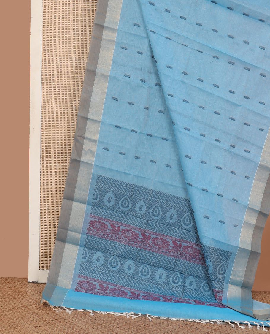 Blue paisley buttas kanchi cotton saree, contrast plain border, and floral-geometric pallu