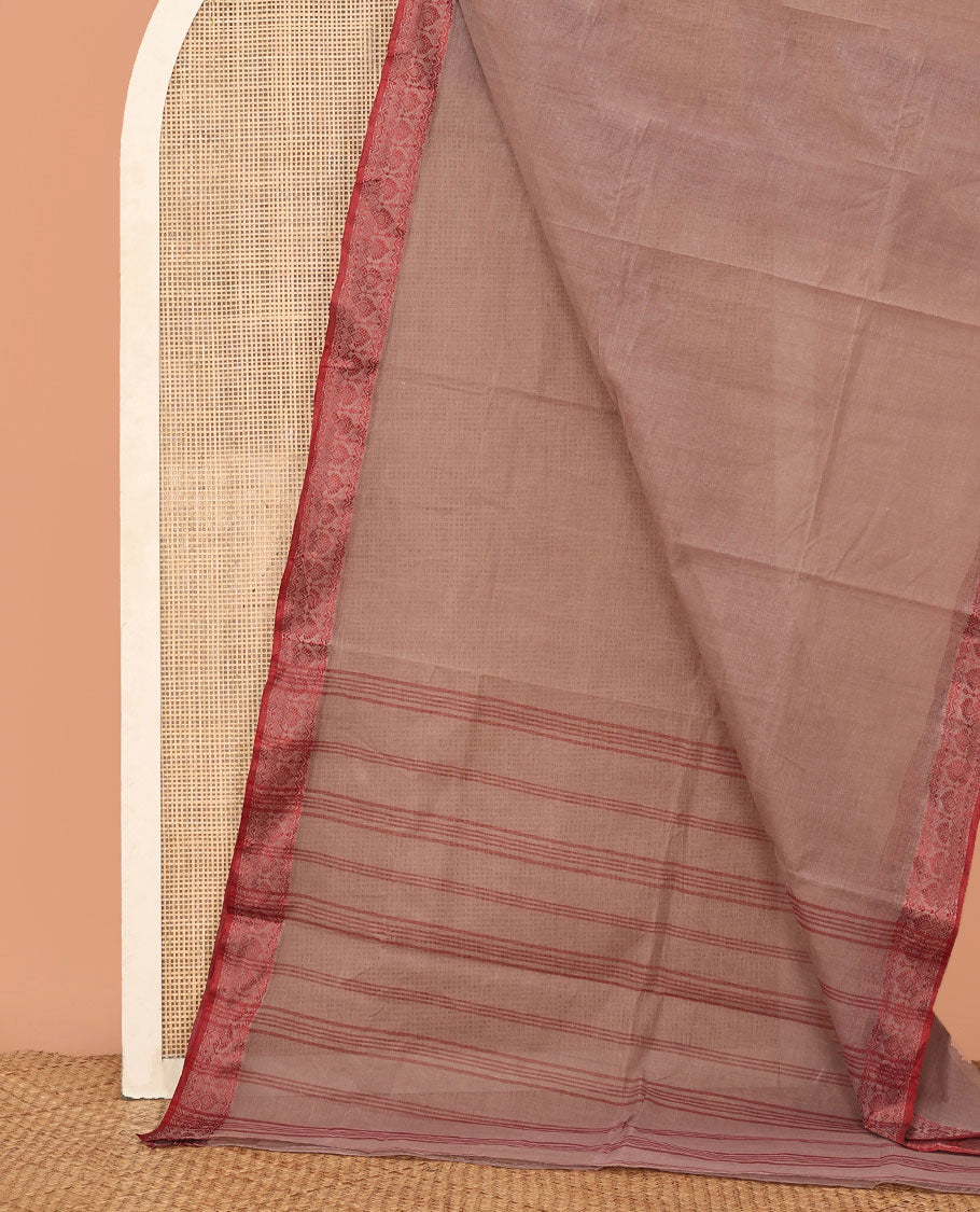 Pale Brown Plain Bengal Cotton Saree, Traditional Border, Striped Pallu, and No Blouse