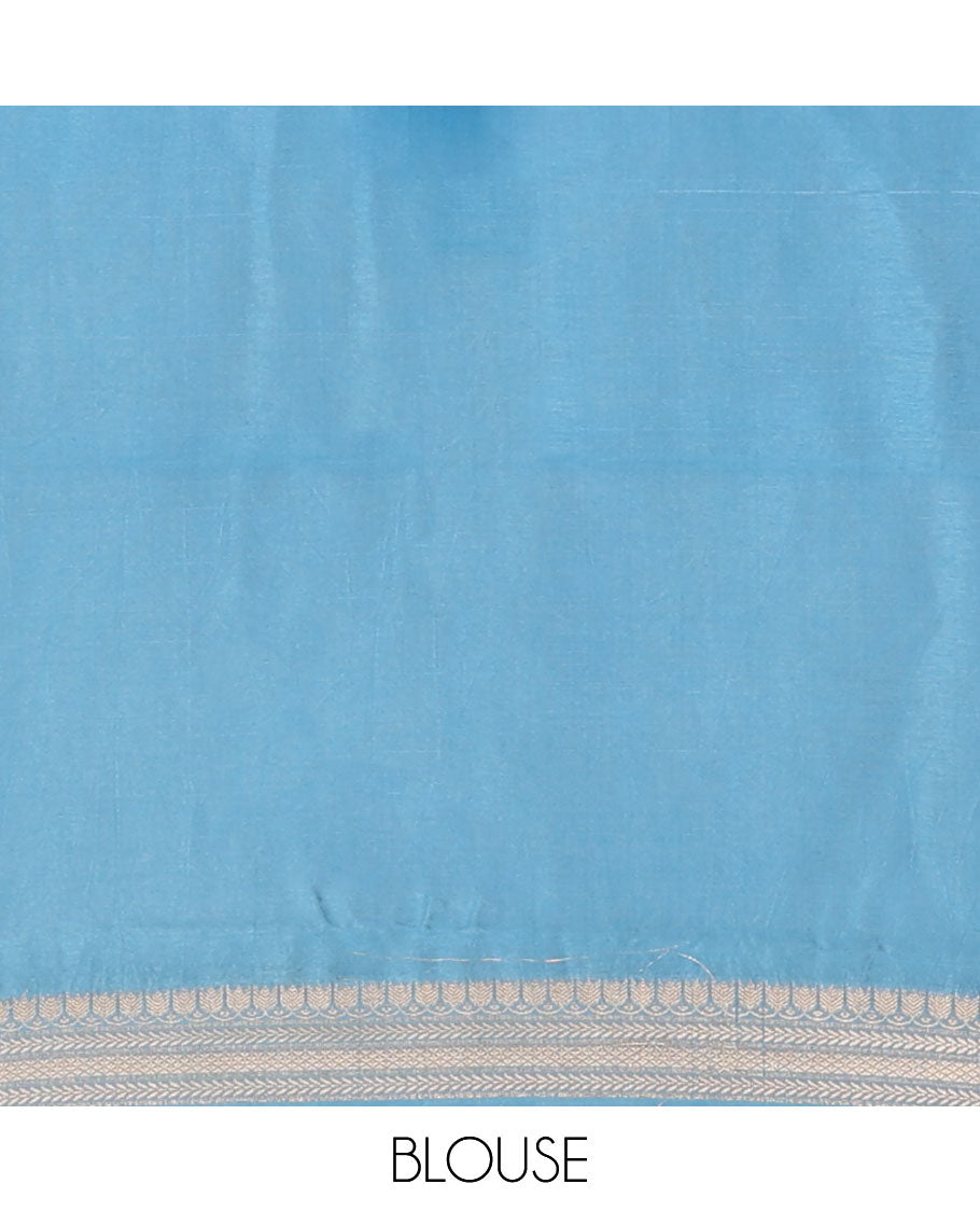 Blue floral buttas raw mango silk saree, contrast traditional zari design border, and intricate pallu