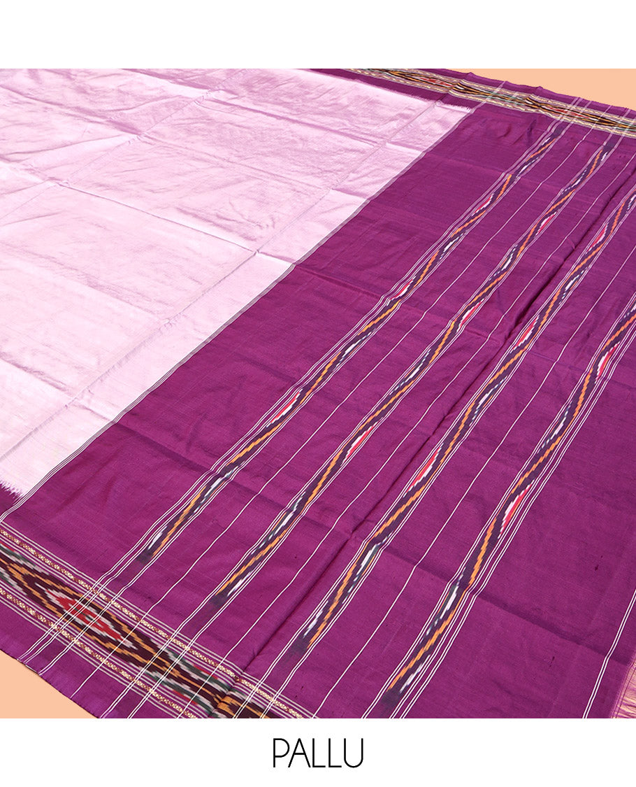 Light Lavender Plain Pochampally Ikat Silk Saree, Complemented by a Contrast Ikat Textured Border, Ikat Pallu, and No Blouse