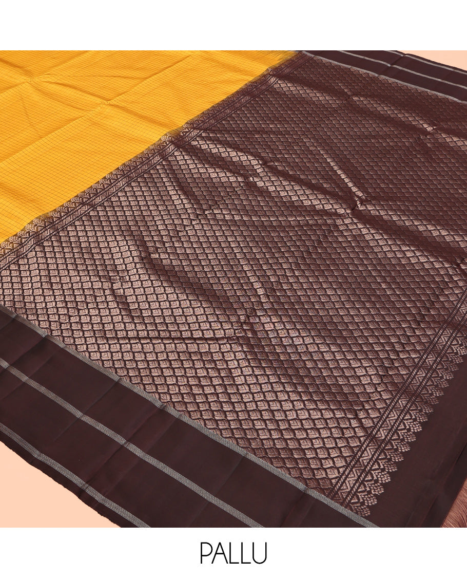 Yellow Checked Kanchipuram Silk Saree, a Contrast Border of Peacock Buttas, Grand Jaal Pallu, and a Contrast Blouse