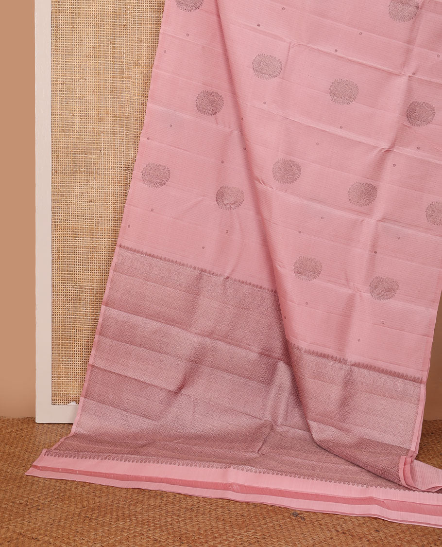 Borderless stripes, and buttas Kanchipuram silk saree, self-pallu of thilakam mokku, mayil and jaal design