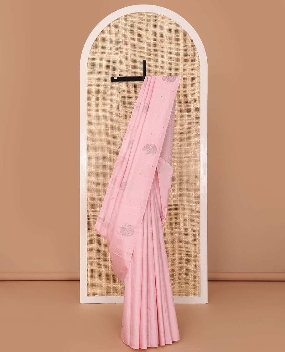 Borderless stripes, and buttas Kanchipuram silk saree, self-pallu of thilakam mokku, mayil and jaal design