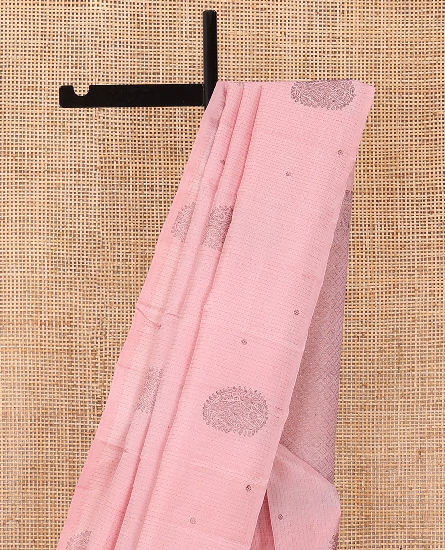 Borderless stripes, and buttas Kanchipuram silk saree, self-pallu of thilakam mokku, mayil and jaal design