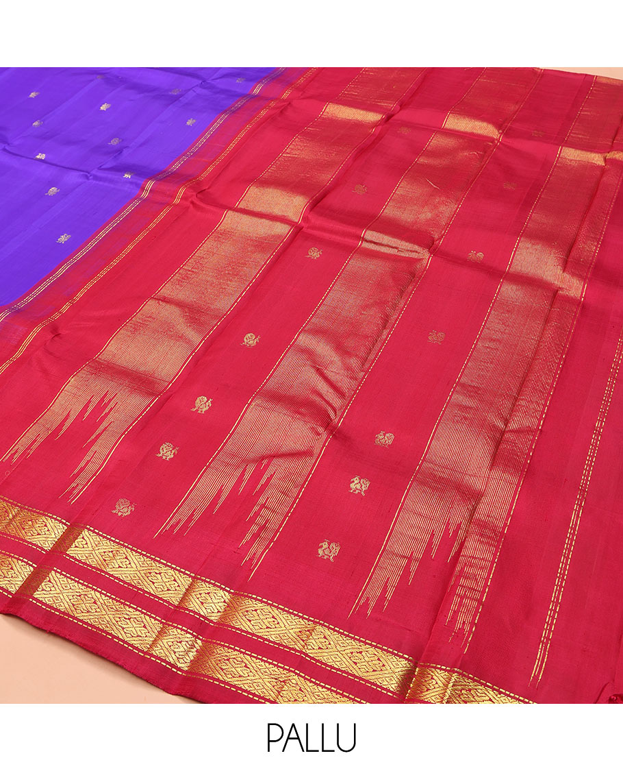 Dark Violet Kanchipuram Silk Saree, Accentuated with Zari Buttas on Its Body, Complemented by a Contrast One-Sided Thazampoo Rekku Rettai Pettu Border of Muthu, and Diamond Designs, Pallu of Zari Designs, and Comes Without a Blouse