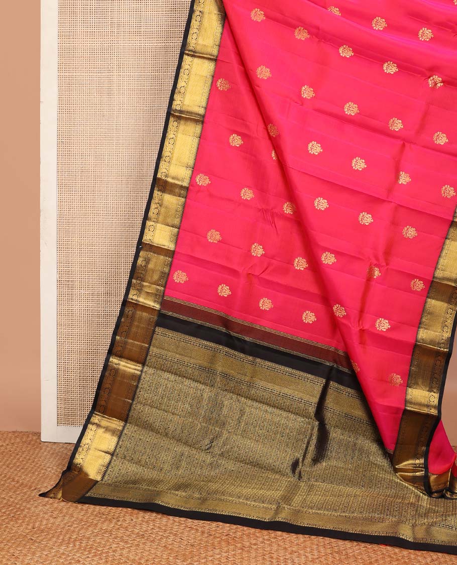 Pink zari buttas Kanchipuram korvai silk saree, contrast neer korvai border of rekku, muthu, laddu kamalam, neli, myil, and manga designs, and pallu of laddu kamalam designs