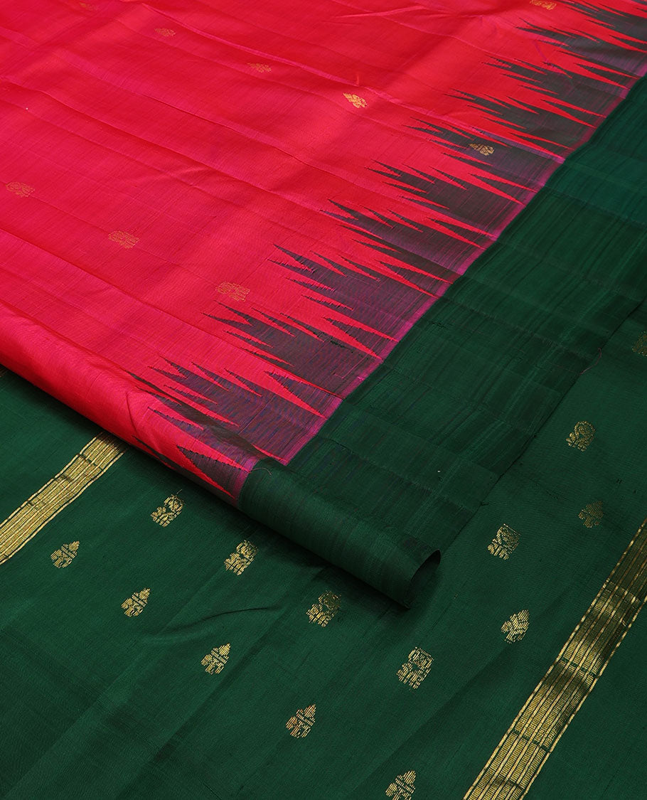 Pink zari buttas Kanchipuram silk saree, contrast one-sided thazampoo rekku zari border & floral design pallu