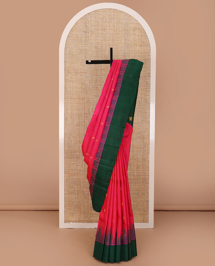Pink zari buttas Kanchipuram silk saree, contrast one-sided thazampoo rekku zari border & floral design pallu
