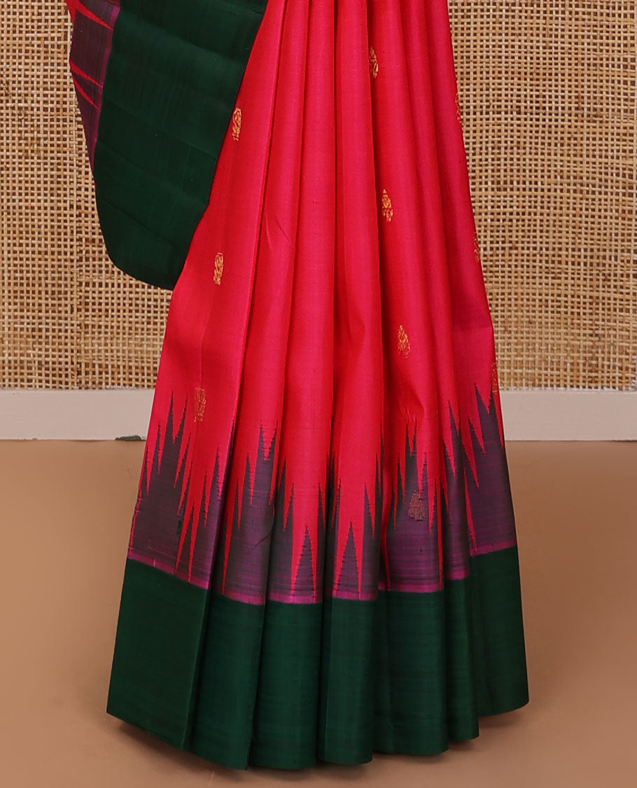 Pink zari buttas Kanchipuram silk saree, contrast one-sided thazampoo rekku zari border & floral design pallu