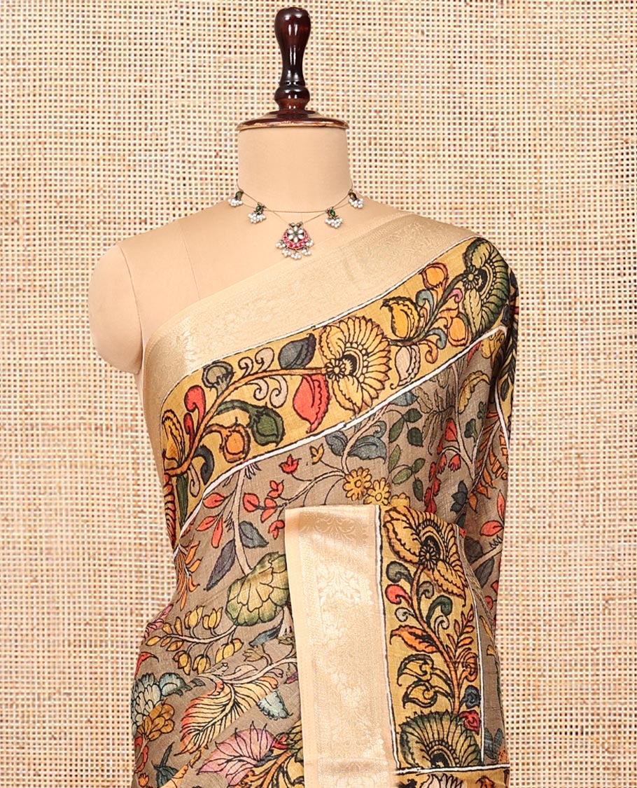 Grey Kalamkari Printed Semi-Banarasi Tussar Saree, Adorned with Floral Vine, Contrast Border, Pallu of Lord Krishna Design, and a Contrast Blouse