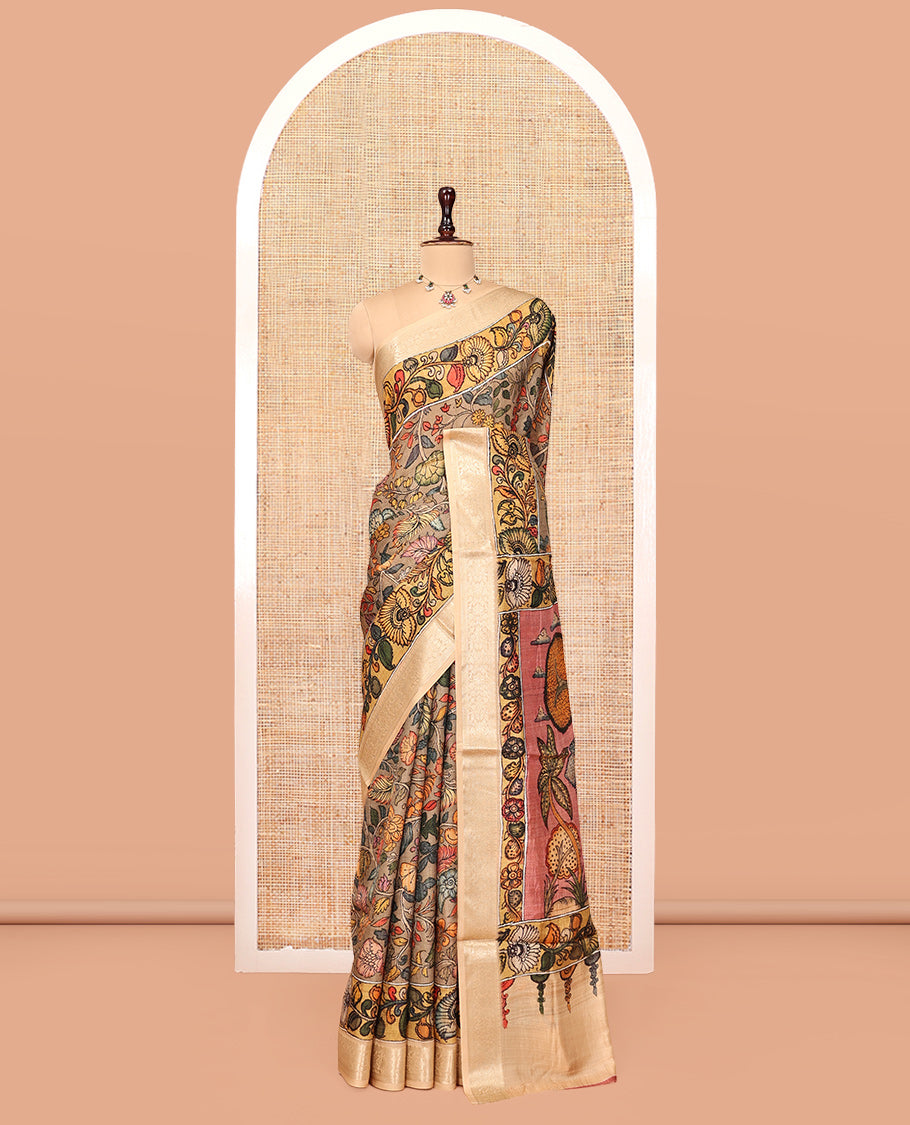 Grey Kalamkari Printed Semi-Banarasi Tussar Saree, Adorned with Floral Vine, Contrast Border, Pallu of Lord Krishna Design, and a Contrast Blouse